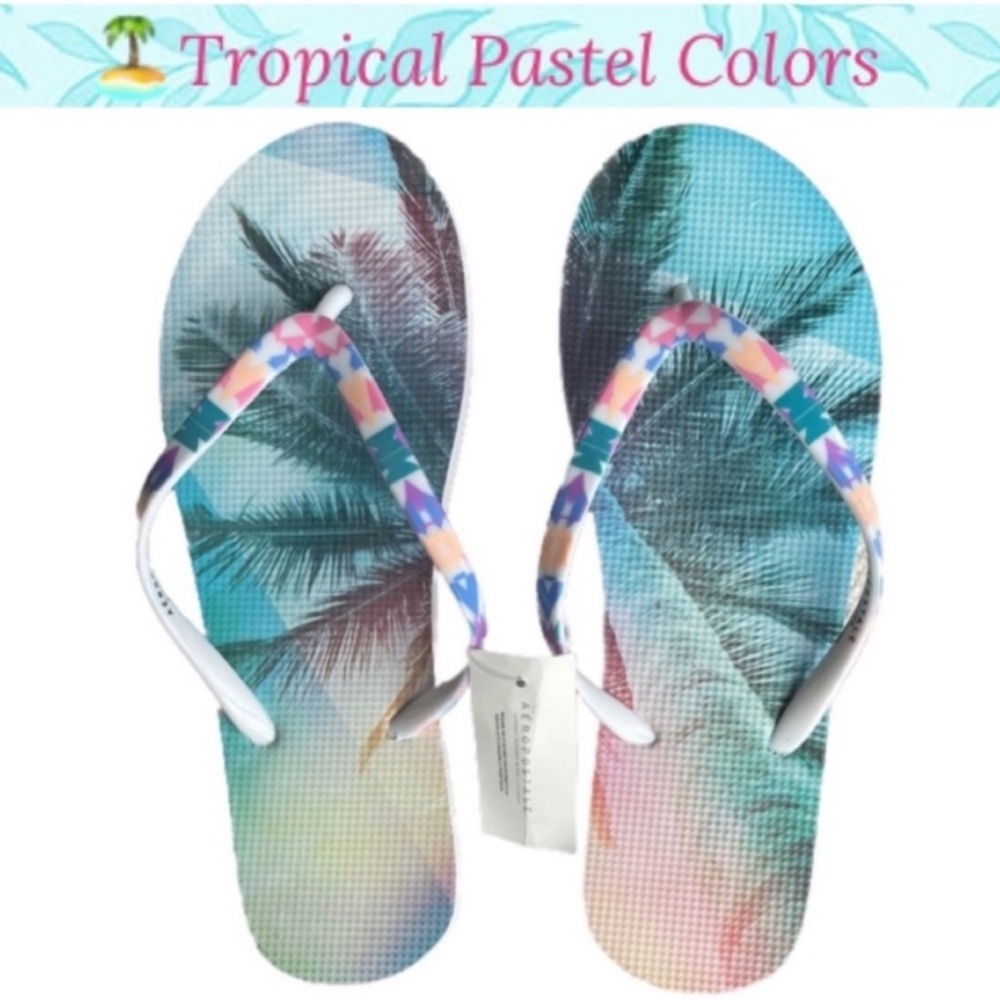 Tropical Palm Tree Flip Flops Pastel Paradise Beach Pool Summer Sandal Size 6